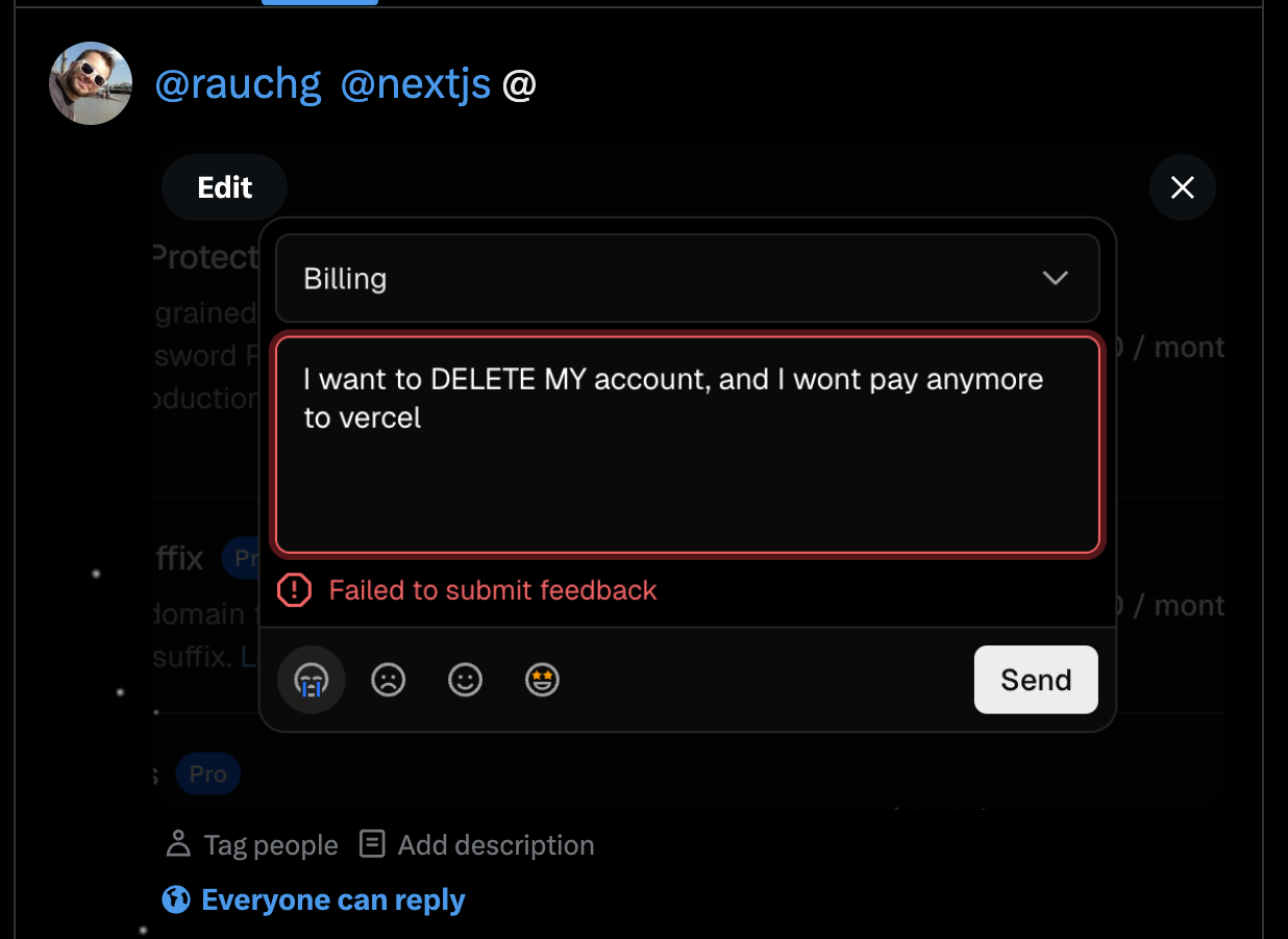 Vercel billing feedback dialog failing to submit while requesting account deletion on March 10, 2026.